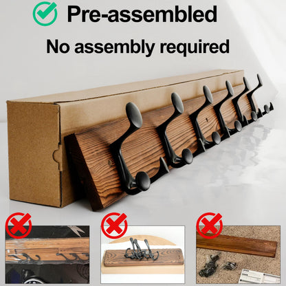 HONSKY Wall Mounted Coat Rack, 91cm BrownPine Wood Base, 6 Black Sturdy Aluminium Alloy Triple Hooks(18 Hanging Points)
