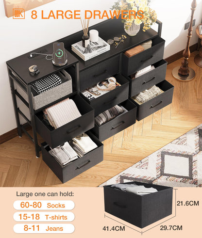 ODK Black Chest of Drawers Bedroom, Contains 2 USB & 2 AC Ports Sockets, 8 Fabric Drawers Multi-functional Drawers Suitable for Bedrooms,Living Rooms,