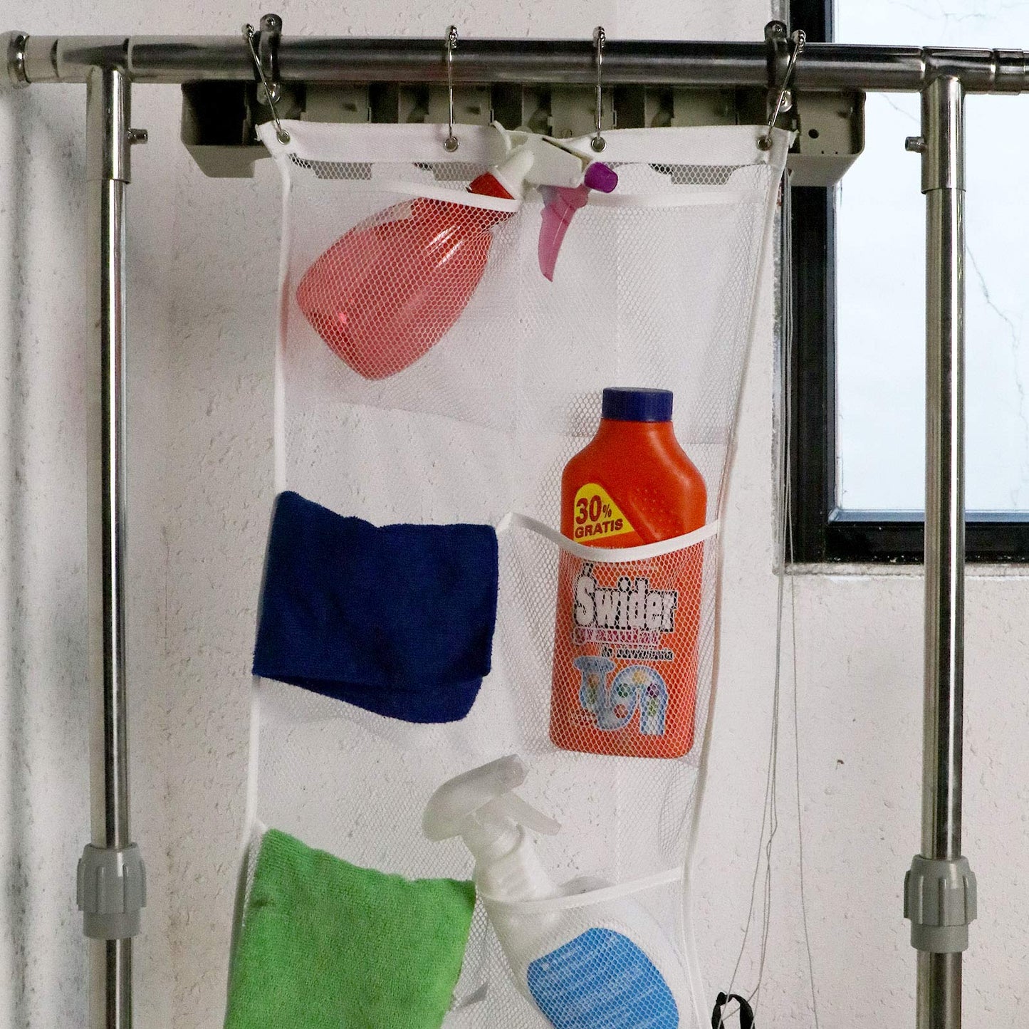 OTOTEC 6 Pockets White Rectangle Shower Hanging Mesh with 4 Hanging Rings for Rooms Bathroom Hang on Shower Rod
