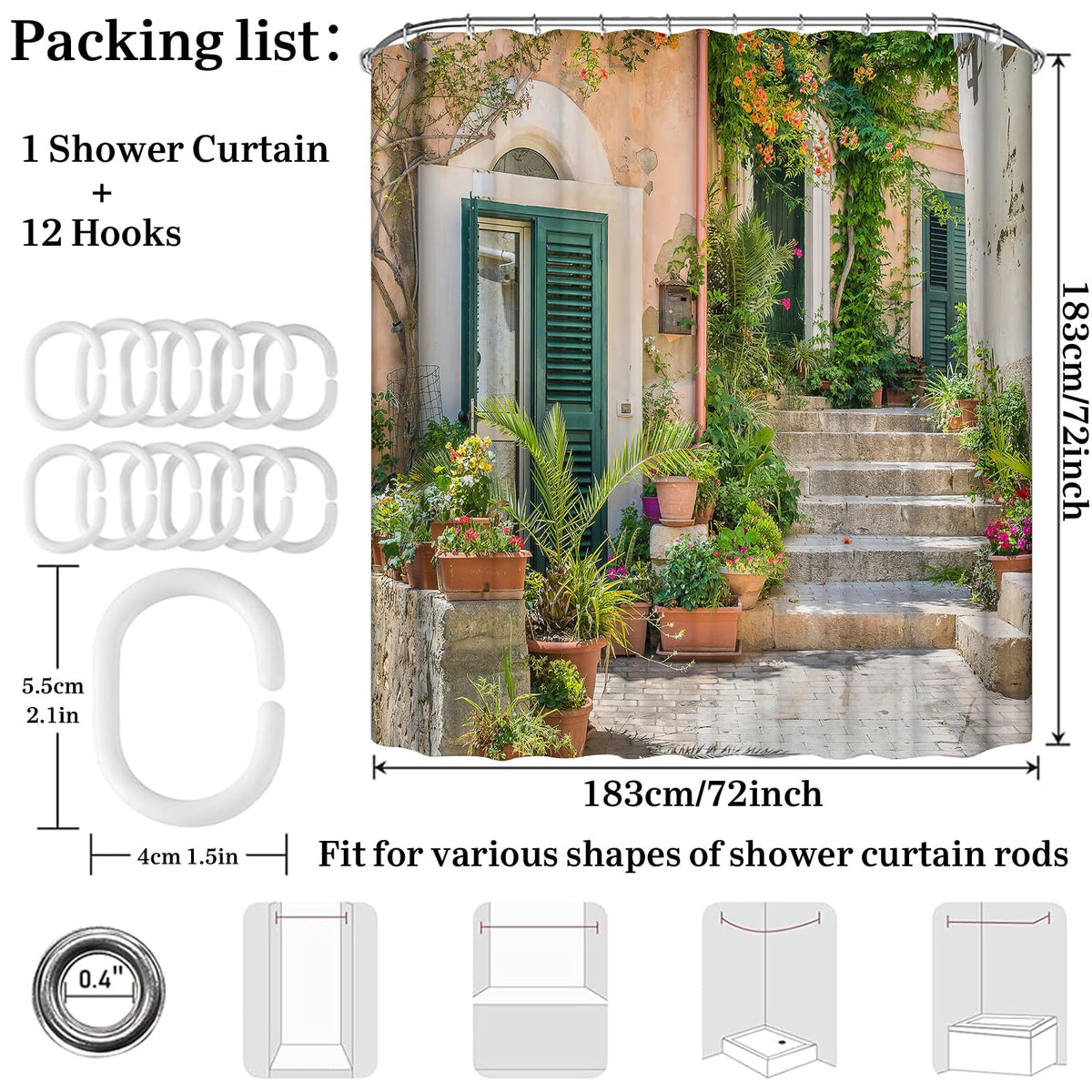Street Scenery Shower Curtain with Old Stone House and Flower Picture Lightweight Quick-dry Cloth Bathroom Curtain with Hooks Tall Floral Shower