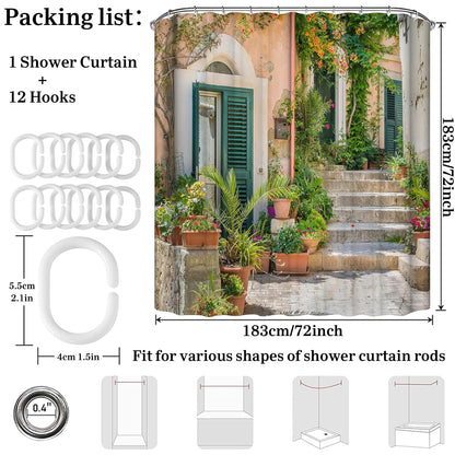 Street Scenery Shower Curtain with Old Stone House and Flower Picture Lightweight Quick-dry Cloth Bathroom Curtain with Hooks Tall Floral Shower