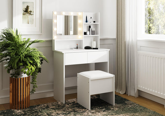 GFW Eva Dressing Table Set White. Make Up & Hair Vanity Table With Drawers, Large Hollywood Light Mirror & Storage Drawers & Shelves. Modern Makeup
