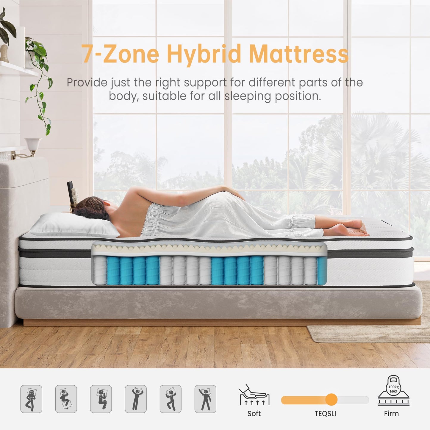 TeQsli Double Mattress 4FT6 Memory Foam Spring Hybrid Mattress 22CM