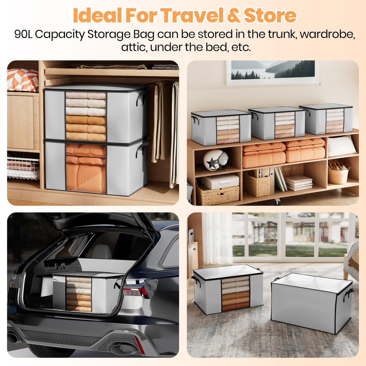 Oak & Tea Storage Bags 90L 4-Pack, Moving Bags & Wardrobe Organiser with Lid & Zips, PE Coated Woven Fabric