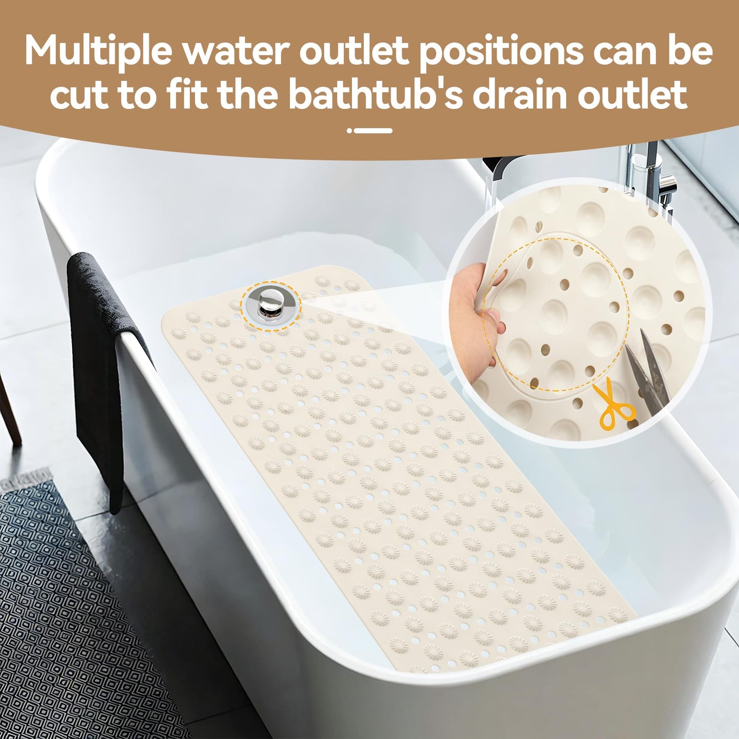 Volminex Non-Slip Bath Mat, Shower Mats, Bathtub Mat, Off-white, 80×40cm