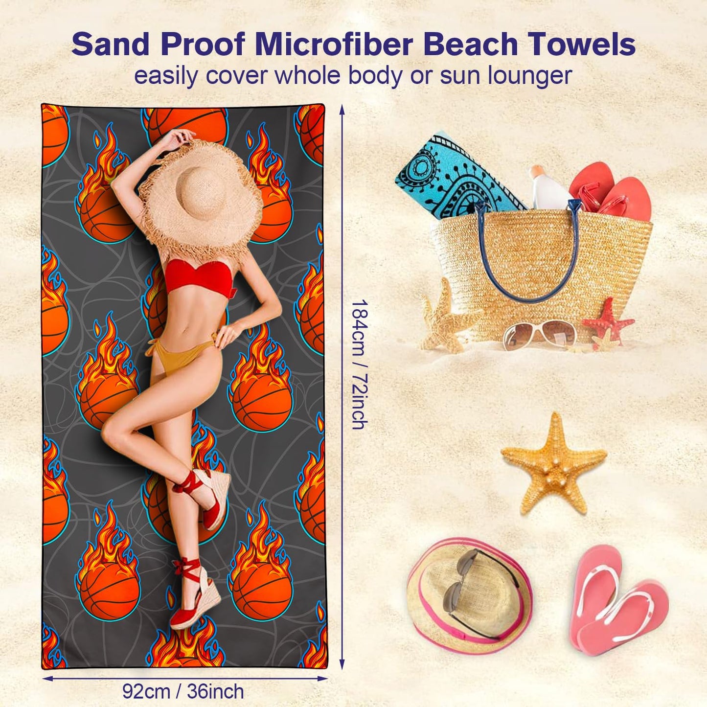 Violetpos Flaming Basketball Beach Towel, Extra Large 180x90 cm 250GSM Microfibre, Sand Free Quick Dry