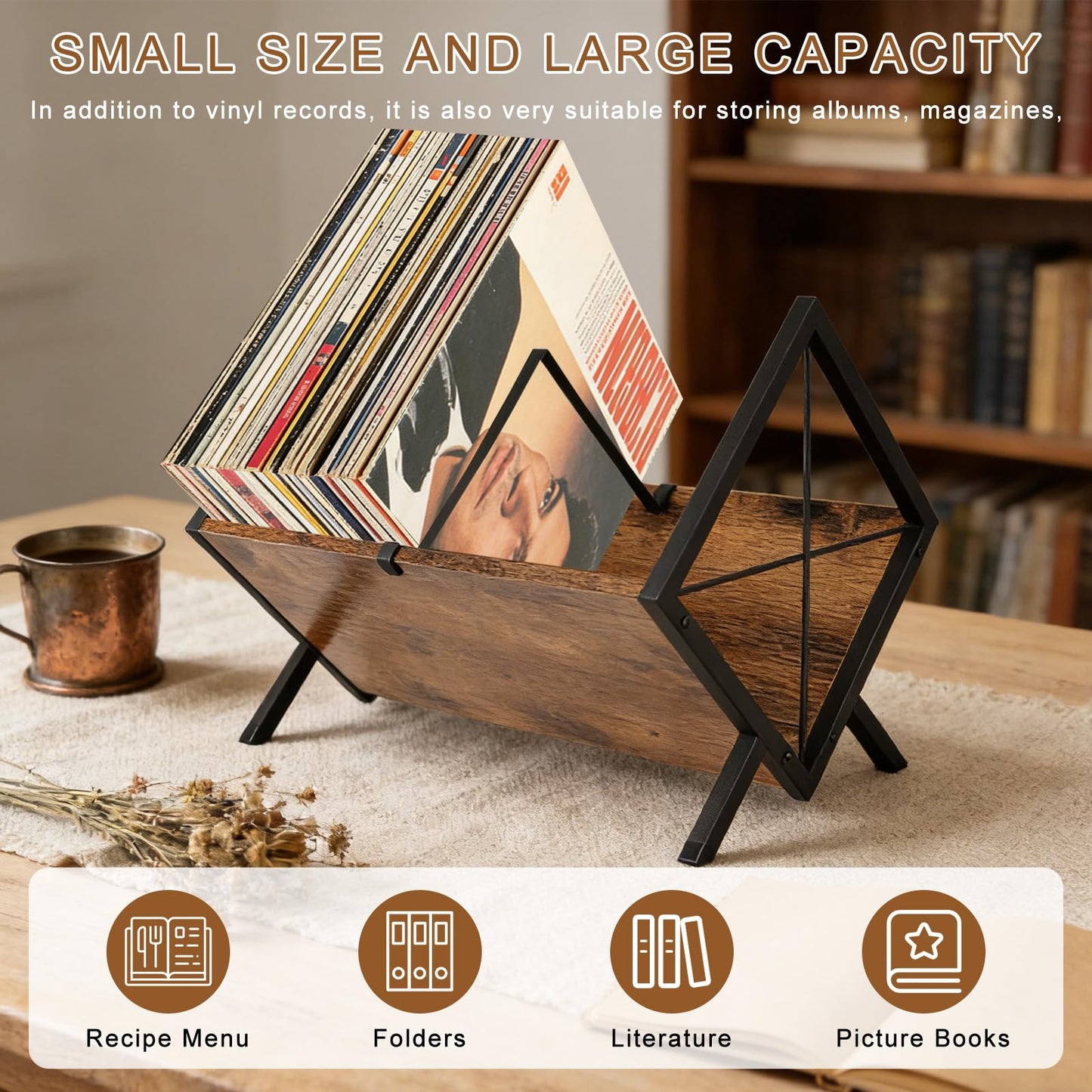 bssmmai Vinyl Record Storage Rack, 80-100 LP Vinyl Record Holder with Anti-Slip Mat, Wooden Record Shelf with Adjustable Divider for Album, CDs