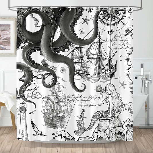 Hopomoon Gray Nautical Octopus Shower Curtain 180 x 180 cm,Waterproof and Moisture-Proof Funny Ocean Kraken Nautical Style Bathroom Curtain with 12