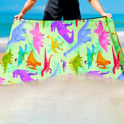 Violetpos Colorful Dinosaur Print Beach Towel, Extra Large 180x90 cm 250GSM Microfibre, Sand Free Quick Dry