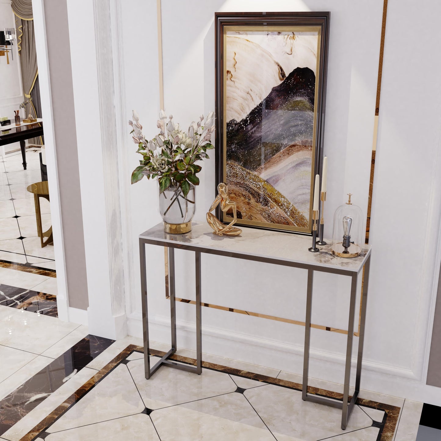 Console Table Hallway Sintered Stone: Consoles Desk 100x30x78.5 cm High Gloss Cold Jadeite White Marble Texture with Black Legs Narrow Tall Modern