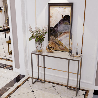 Console Table Hallway Sintered Stone: Consoles Desk 100x30x78.5 cm High Gloss Cold Jadeite White Marble Texture with Black Legs Narrow Tall Modern