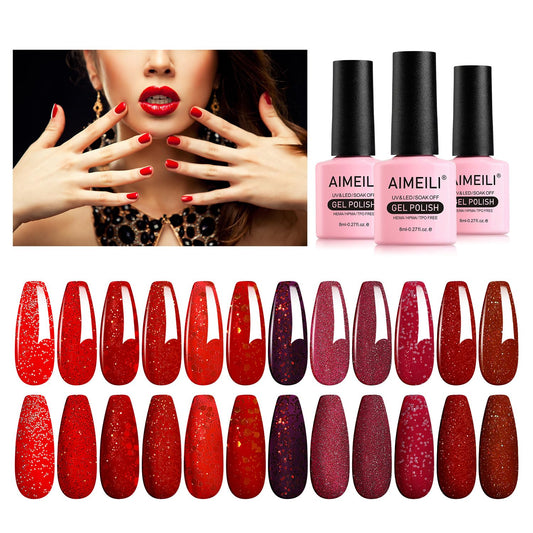 AIMEILI 12 Colors Christmas Red Glitter Gel Nail Polish Shiny Chunky Glitter Gel Polish Soak Off U V Nail Gel Sparkly Gel Nail Art Manicure Varnish