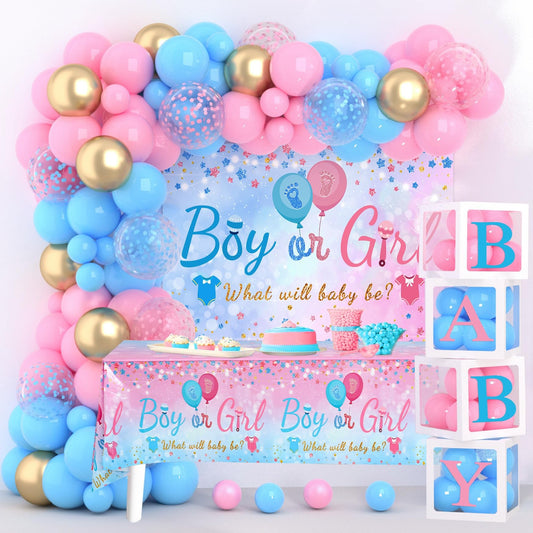 154pc Gender Reveal Decoration Set with 142pcs Balloons Arch Kit, Banner, Table Cloth & Baby Boxes for Neutral Baby Shower Decorations
