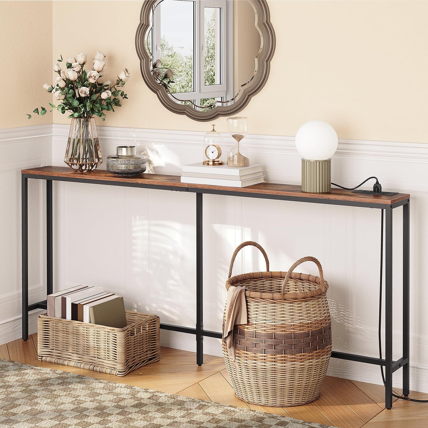 MAHANCRIS Console Table with Power Outlet, 180 CM Narrow Sofa Table, Industrial Entryway Table with USB Ports, Behind Couch Table for Entryway,
