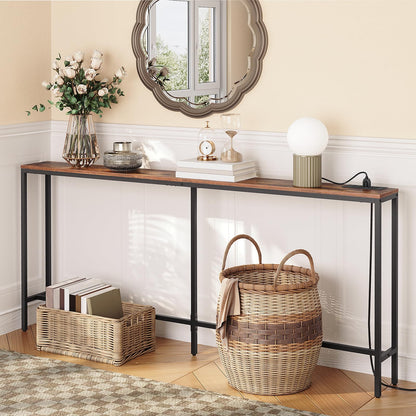 MAHANCRIS Console Table with Power Outlet, 180 CM Narrow Sofa Table, Industrial Entryway Table with USB Ports, Behind Couch Table for Entryway,