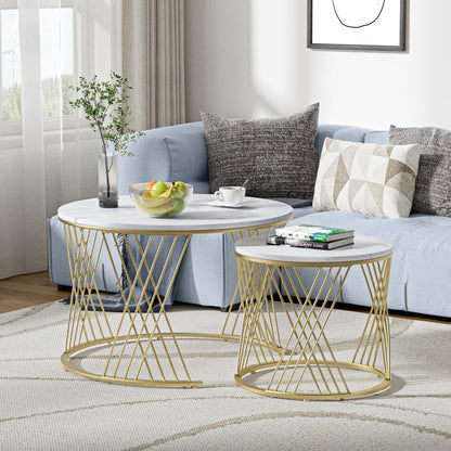 Skokliz Round Coffee Tables, Set of 2 Nesting tables for Living Room, Multi-functional Side Table with Gold Metal Frame for Bedroom Office Apartment