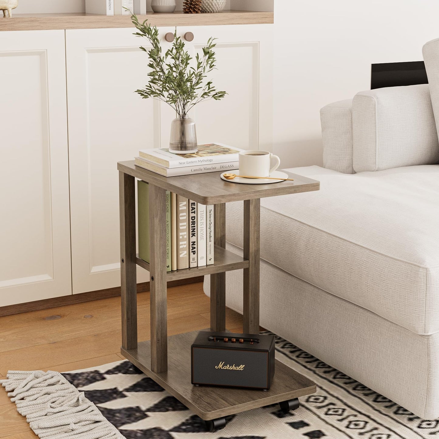 Apetaccat Side Table on Wheels, C-Shaped Sofa Table, Narrow Side Table, Wood Coffee Tables,Small End Tables Bedside for Living Room, Bedroom,Grey