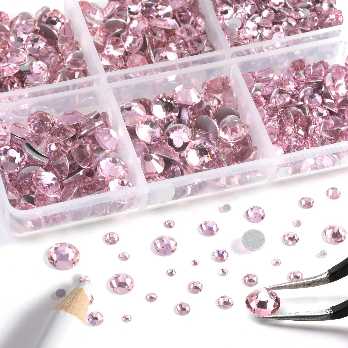 Beadsland 8300PCS Flatback Rhinestones, Pink Rhinestone Nail Gems Round Crystal Rhinestones for Crafts, Mixed 10 Sizes with Wax Pencil and Tweezer