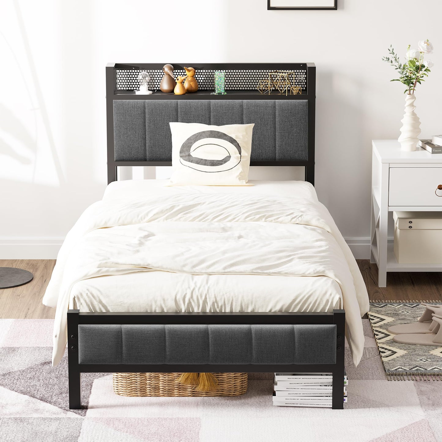 Diahomy 3ft Single Bed Frame With Storage Headboard, Upholstered Platform Bed Frame/Mattress Foundation/Metal Slat Support/No Box Spring Needed/Dark