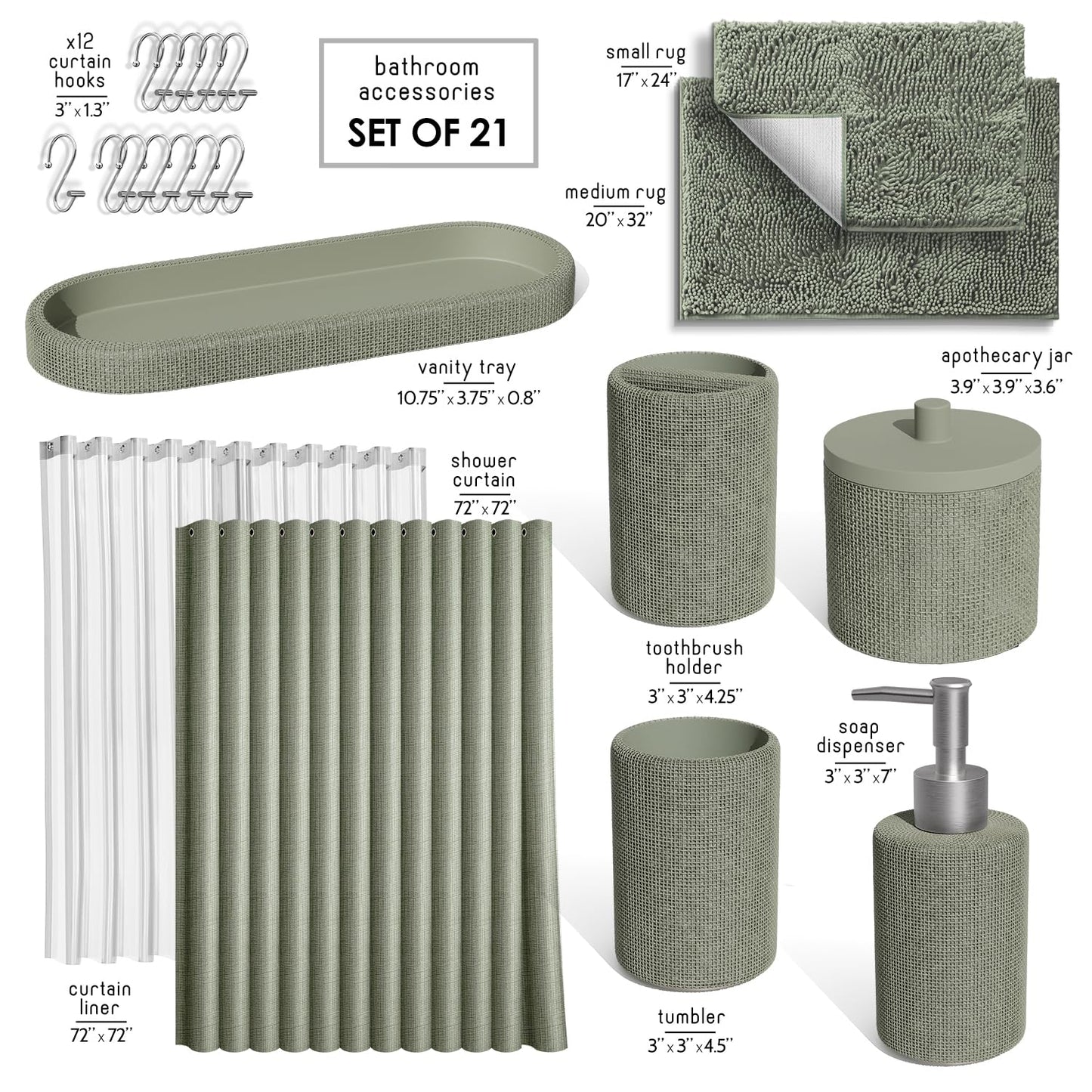 Clara Clark Sage Green Bathroom Set - Bathroom Sets with Shower Curtain and Rugs, 21PC Bathroom Accessory Set