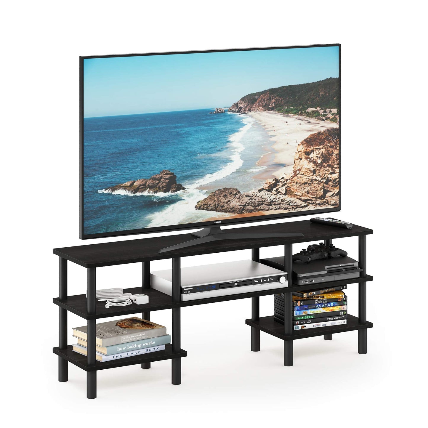 Furinno TURN-N-TUBE TV Stand, 3-Tier Multipurpose Wide Shelf Entertainment Center, TV Console for TV up to 55 Inch, for Living Room, Bedroom, Espresso