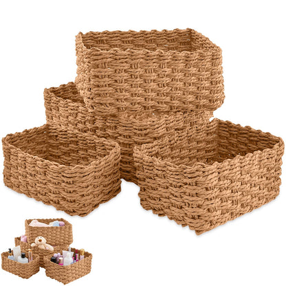 4 Pcs Wicker Storage Baskets, Multifunctional Small Gift Hampers, Woven Paper Rope Cubes Boxes, Desktop Handmade Basket