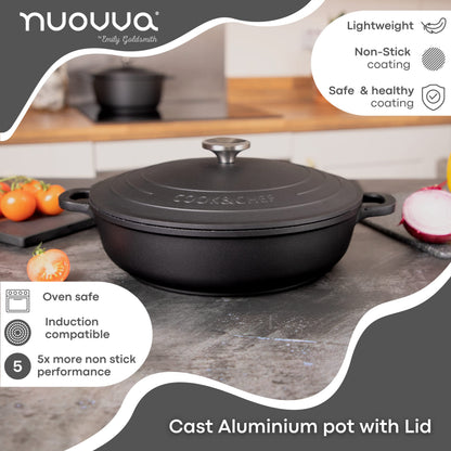 Non-Stick Aluminium Pot with Lid  Sturdy Shallow Dutch Oven  Casserole Pot with Ergonomic Handles  3.9L, 28cm Oven Safe Cooking Pot  by Nuovva