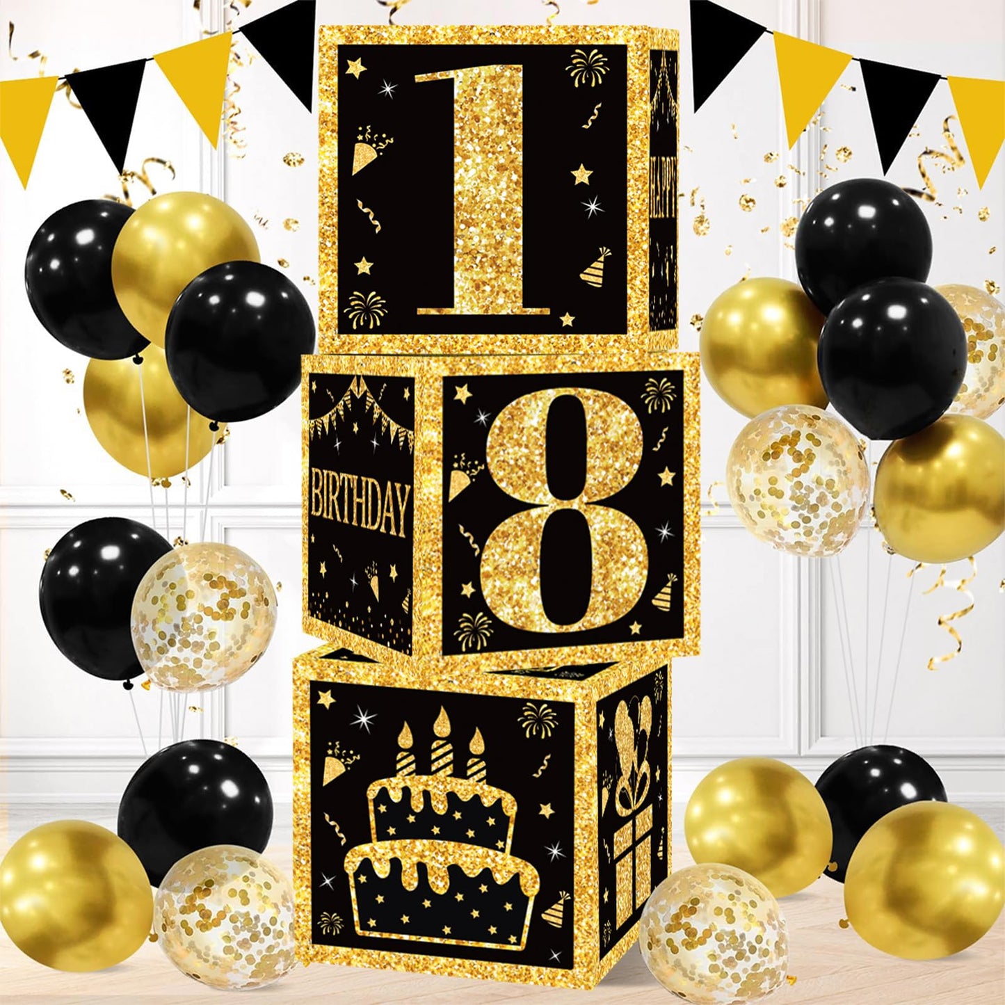 QIFU 18th Birthday Decorations Boxes for Boys Men - 3pcs 18th Birthday Boxes Black and Gold, 18 Birthdays Party Decoration Black Gold Table