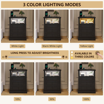FREDEES LED Bedside Table with Charging Station, Black