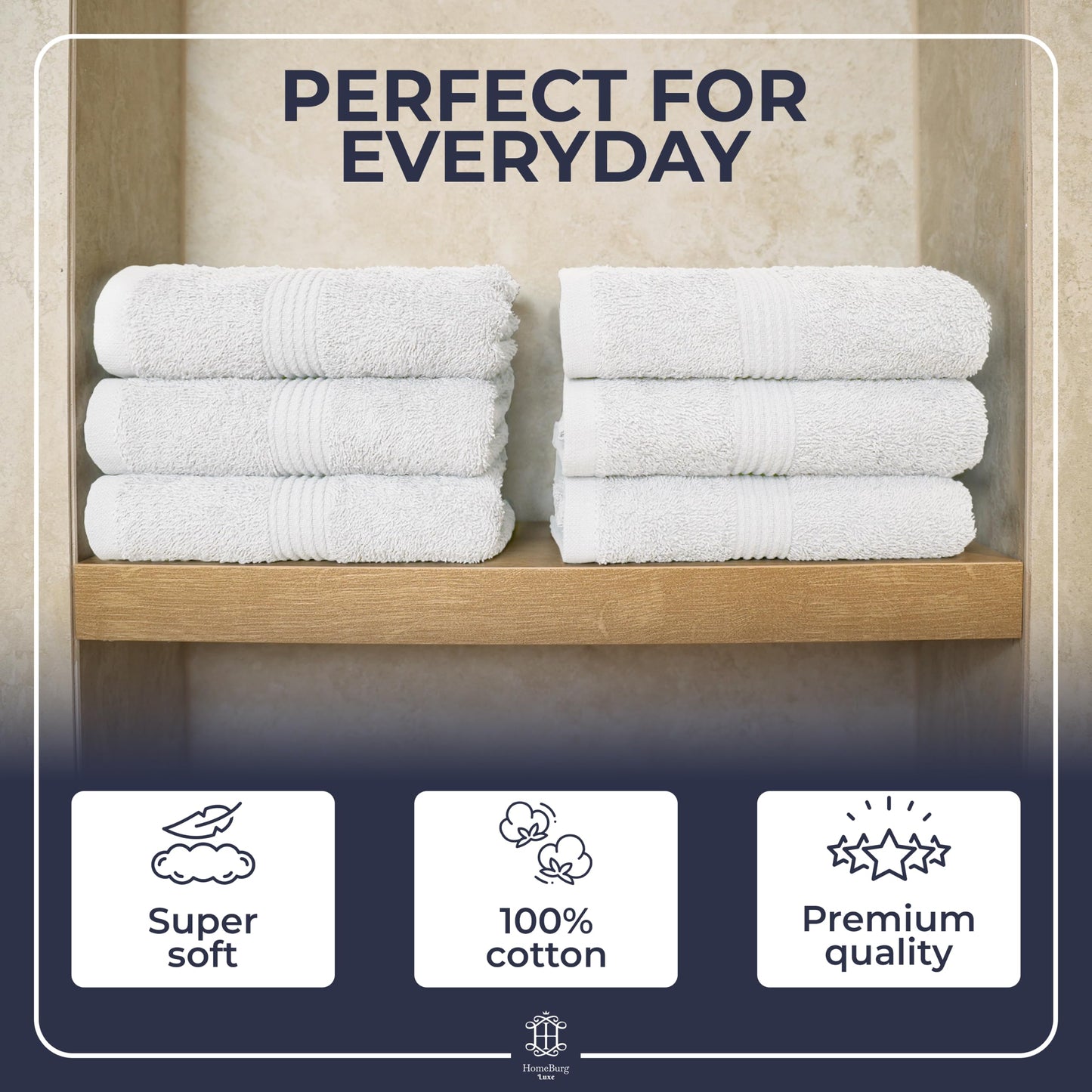 HomeBurg Luxe 6-Piece Towel Set – Soft & Absorbent Cotton, Hotel Quality, Quick-Drying, Easy Care, 40 x 70 cm, White