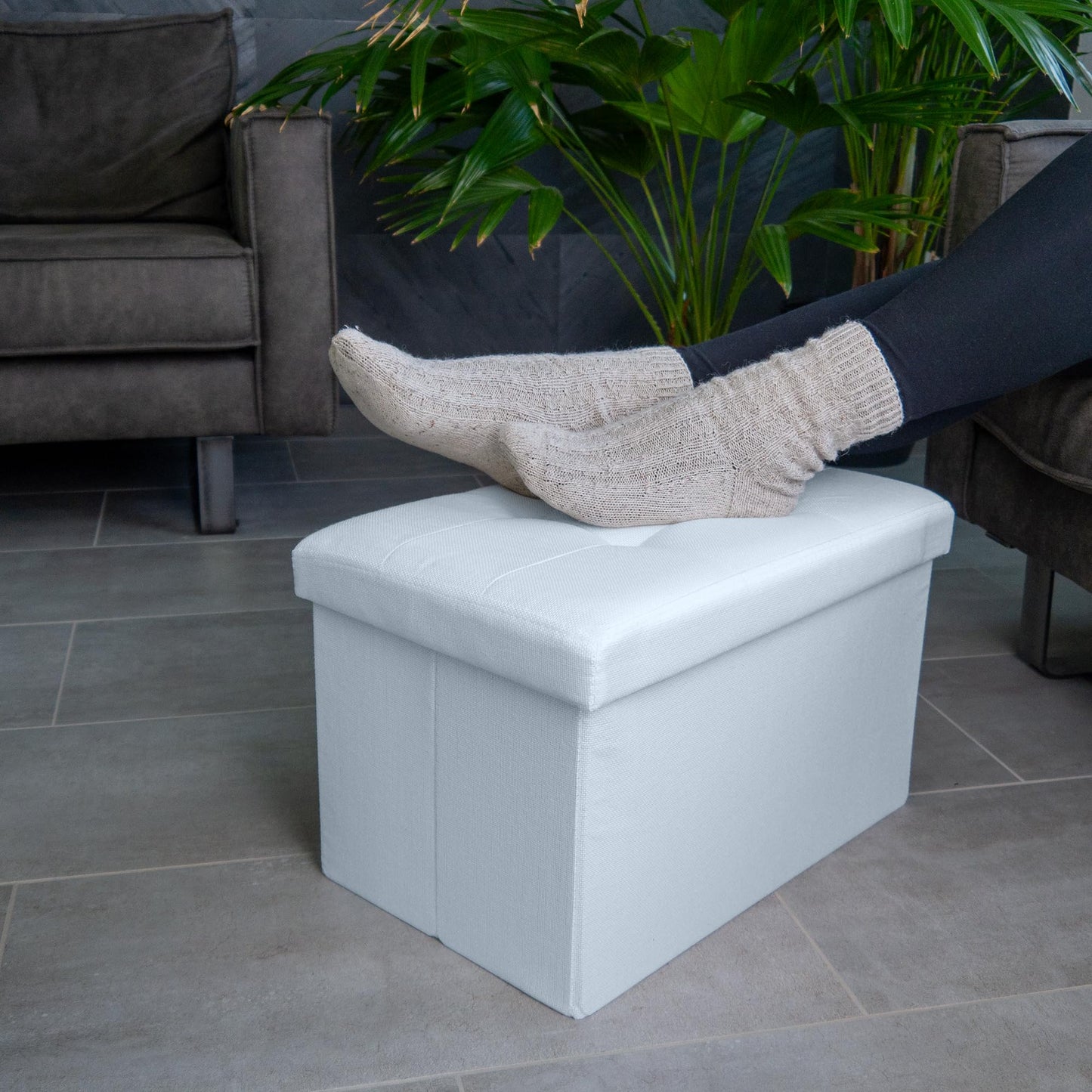 INTIRILIFE Foldable Stool 49x30x30 cm in SNOW WHITE - Seat cube with storage space and cover made of fabric with hollows - Storage box chest stool