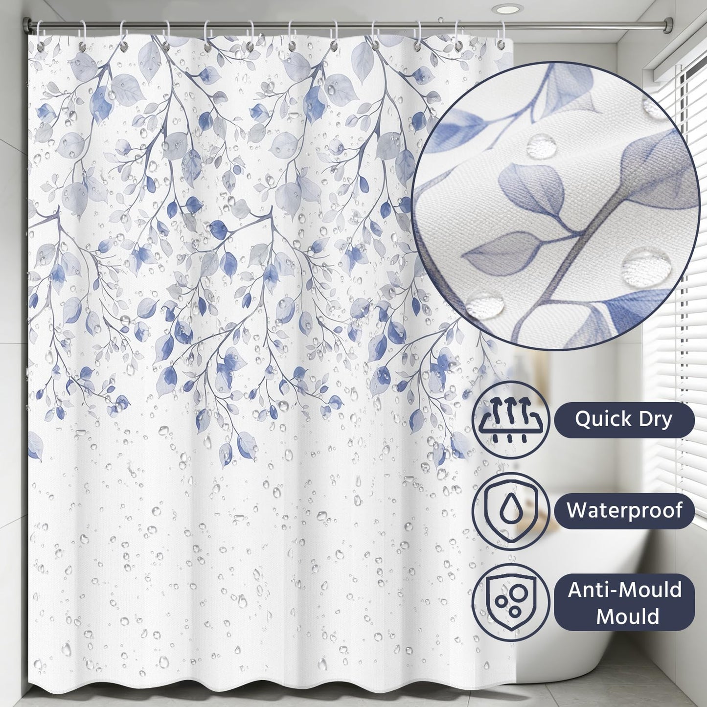 FAVORTALK Shower Curtains Washable Shower Curtain Mould Proof Resistant Waterproof Leaf 180x180cm Bathroom Curtains with Hooks Quick-Drying Polyester