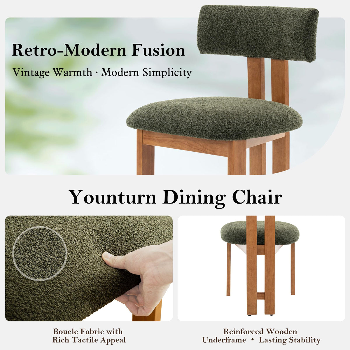 younturn Retro Mid Century Dining Chairs Set of 2, Boucle Upholstered Seats with Backrest and Solid Wooden Legs, Kitchen Chairs for Dining Room