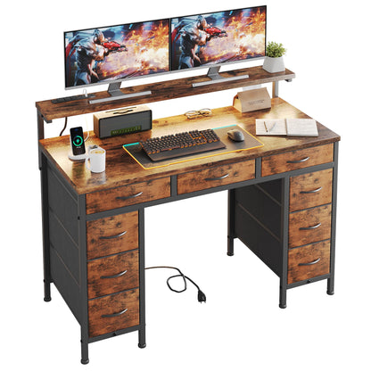 Flrrtenv Computer Desk with 9 Drawers & LED, 120cm Home Office Desk with Storage & Power Outlets USB Type-C