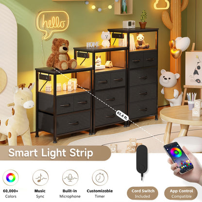 Flrrtenv Chest of Drawers, Bedside Table Cabinet with LED Light and Charging Station, Nightstand with 5 Fabric Drawers