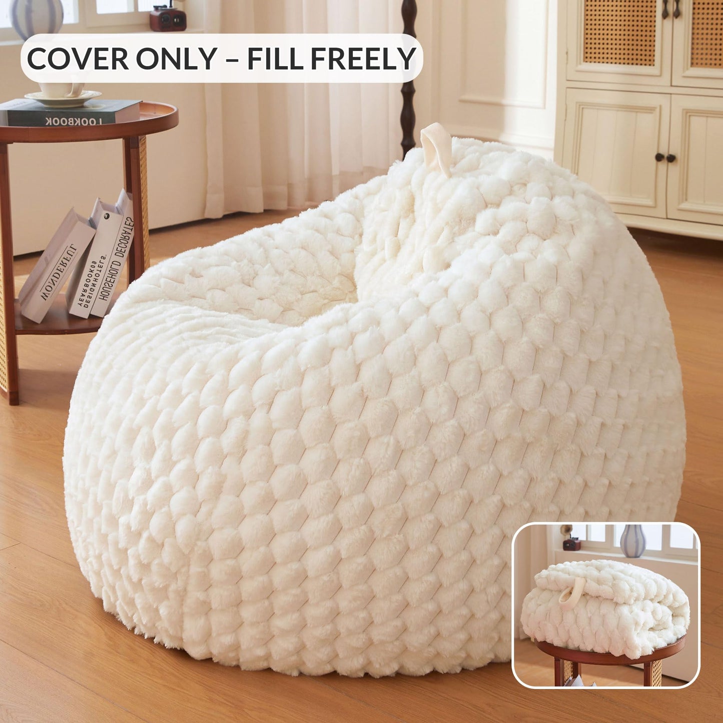 XeGe Luxury Bubble Fluffy Faux Rabbit Fur Bean Bag Cover(No Filler), Beige