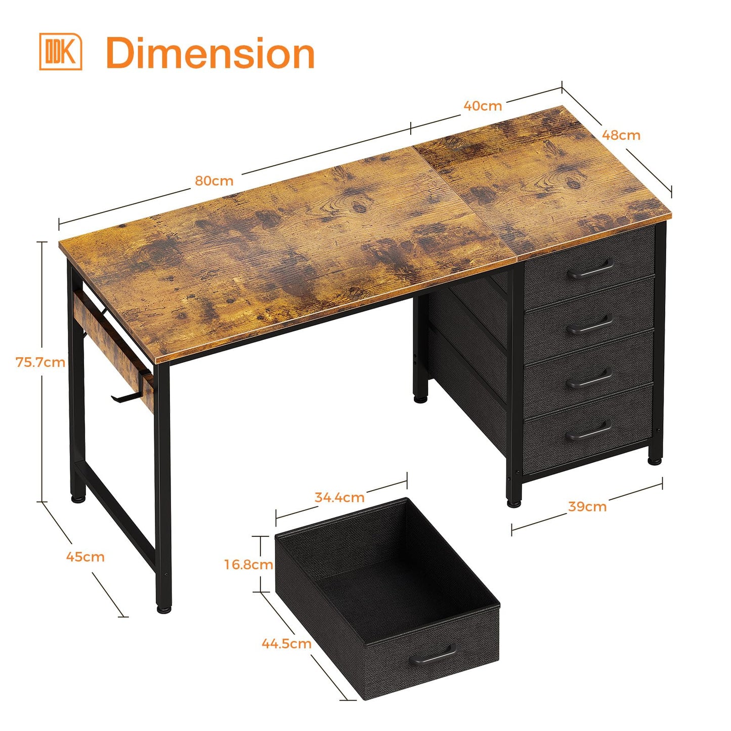 ODK Computer Desk with Drawers, Reversible Office Desk, 120 x 48 cm, Brown
