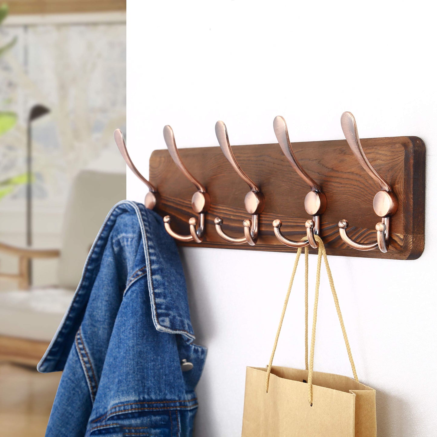 SKOLOO Coat Rack Wall Mounted - Wooden, Heavy Duty, Rustic Coat Hooks for Wall, Wall Coat Rack with 5 Triple Hooks for Hanging Clothes, Jacket