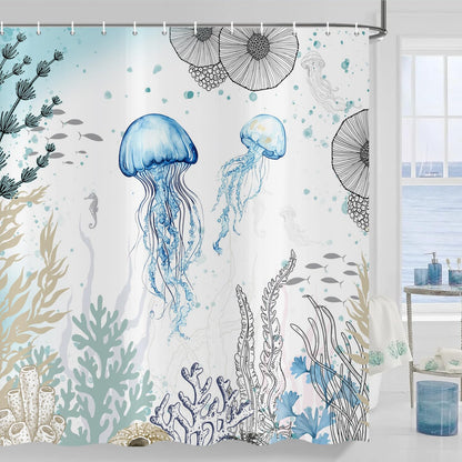 ASDCXZ Jellyfish Shower Curtain 180x200 cm, Watercolor Jellyfish Underwater Coral Summer Ocean Nautical Waterproof Bath Curtain Polyester Textile