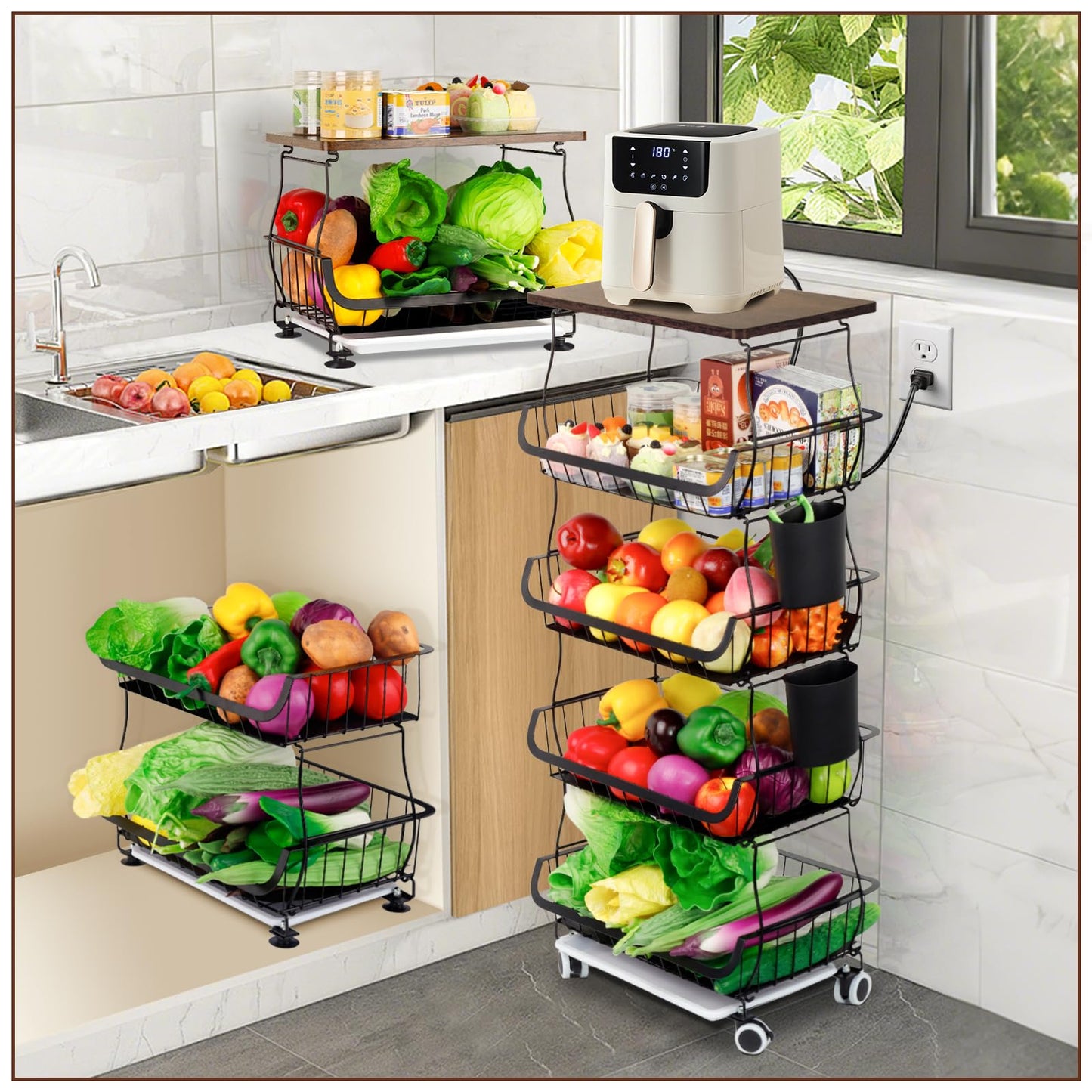 Wuciray Vegetable Rack For Kitchen On Wheels Vegetable Basket With Suction Cups Fruit Storage Baskets With Worktop Vegetable Trolley On Wheels Fruit