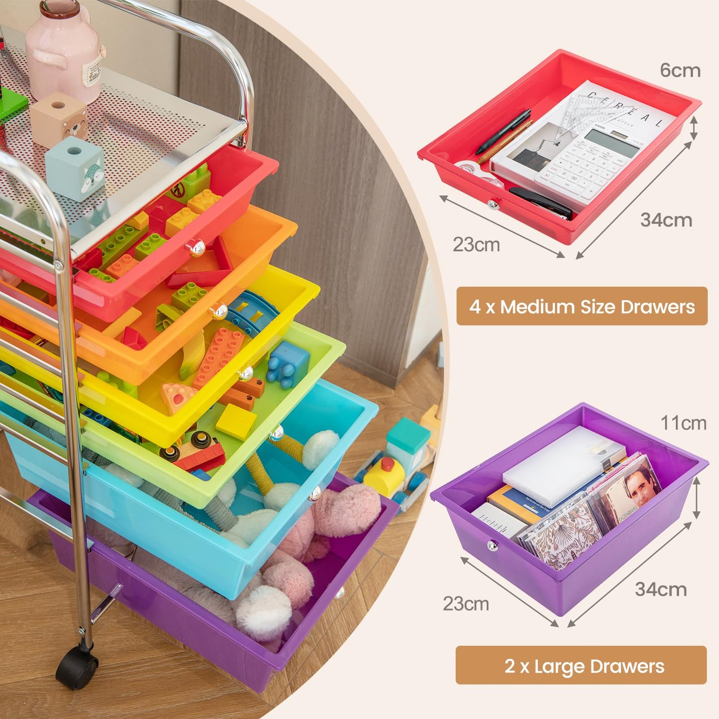 GiantexUK 4/6/12 Drawers Storage Trolley, Multipurpose Utility Rolling Cart on Wheels