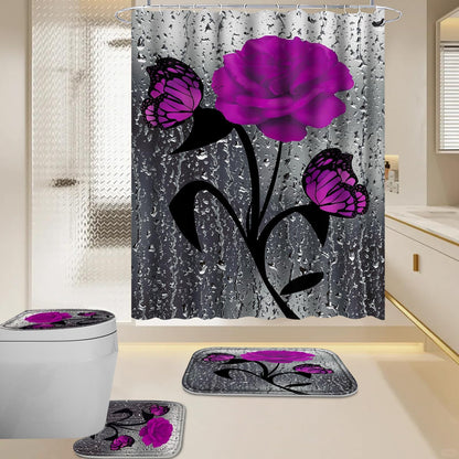 BXFUL 4 Piece Waterproof Shower Curtain Set for Bathroom-Rose-Non-Slip Bath Mat and 12 Hooks,Curtain Set with Rug,Toilet Lid Cover Bathroom