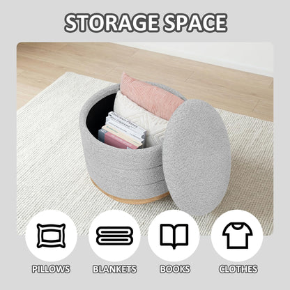 PINPLUS Round Chenille Storage Ottoman, Tray Top, 58x58x44 cm, Silver Grey