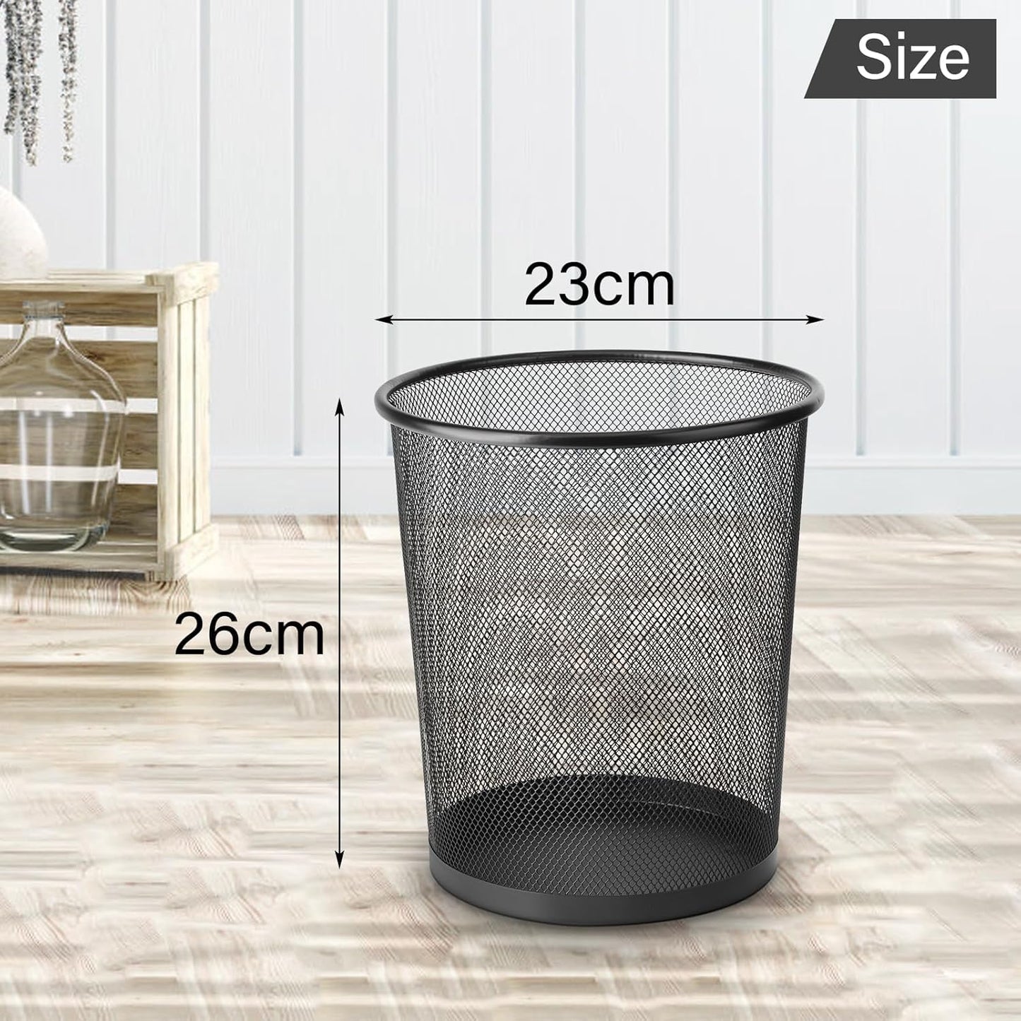 2 Pack Waste Paper Bins, 12 Litres Lightweight Circular Finest Black Mesh Waste Basket, Metal Trash Bin for Kitchens, Home Offices, Dorm Rooms