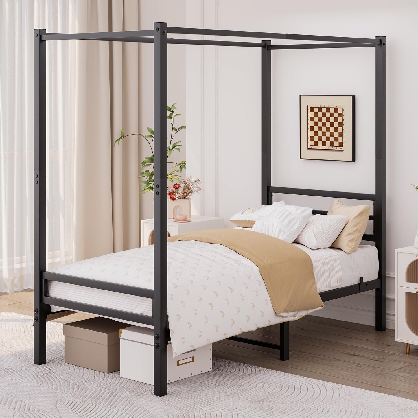 FOUBAM 3FT Single Canopy Bed Frame, Black Single Bed Frame