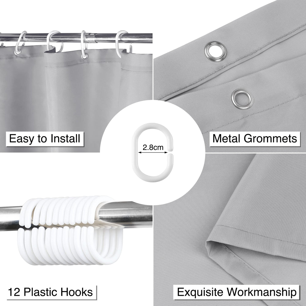 WELTRXE Shower Curtain Mould Proof Mildew Resistant, 180x180cm Light Grey Bathroom Curtain Set With Hooks, Weighted Hem