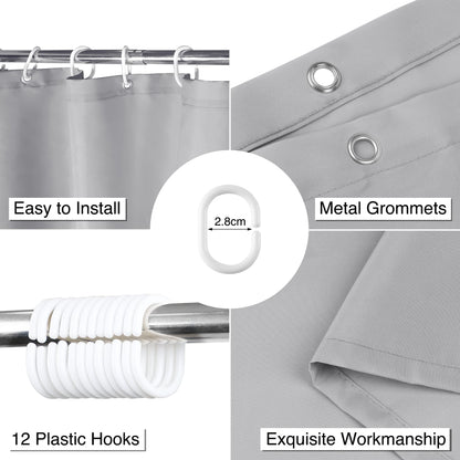 WELTRXE Shower Curtain Mould Proof Mildew Resistant, 180x180cm Light Grey Bathroom Curtain Set With Hooks, Weighted Hem