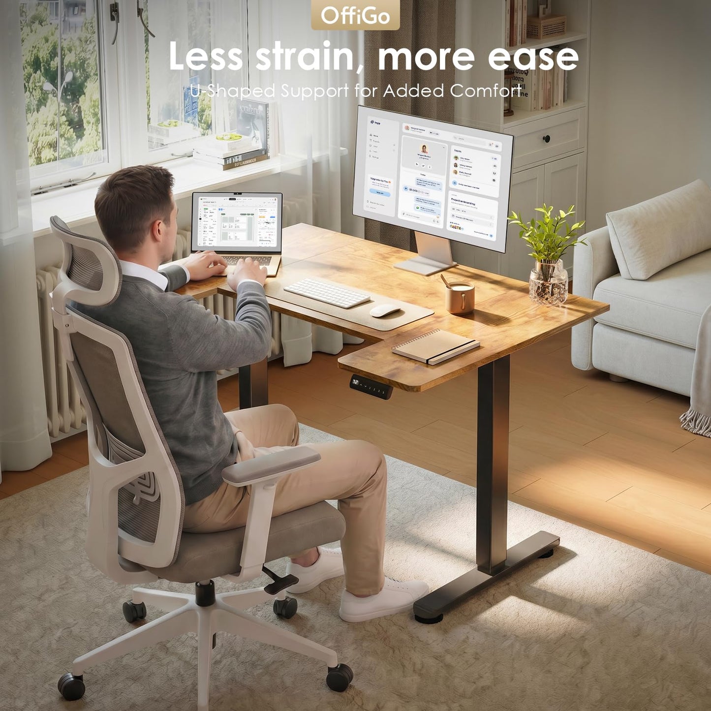 OffiGo Height Adjustable Desk, U Shaped Standing Desk with 3 Memory Presets