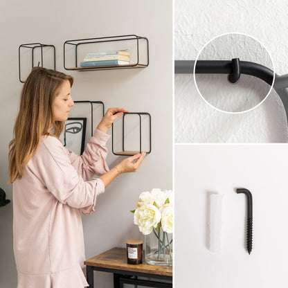 Kazai. Wall Shelves -Jona- | 4-Part Shelving Unit made of Metal and Real Wood Veneer | Wall Decor, Storage and Book Shelf for Bathroom, Living Room