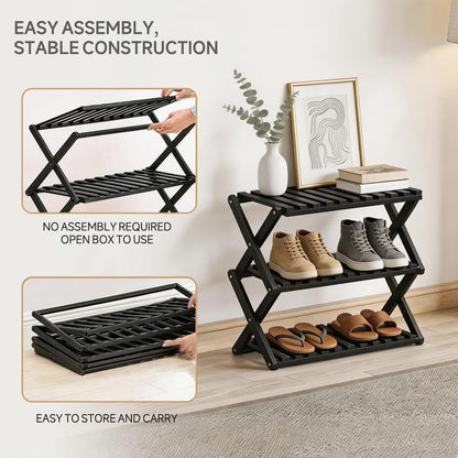 Momleix Folding Shoe Rack Black, 3 Tier Shoe Shelf Without Installation, Sturdy Bamboo Storage Organiser for Entryway Closet and Small Spaces